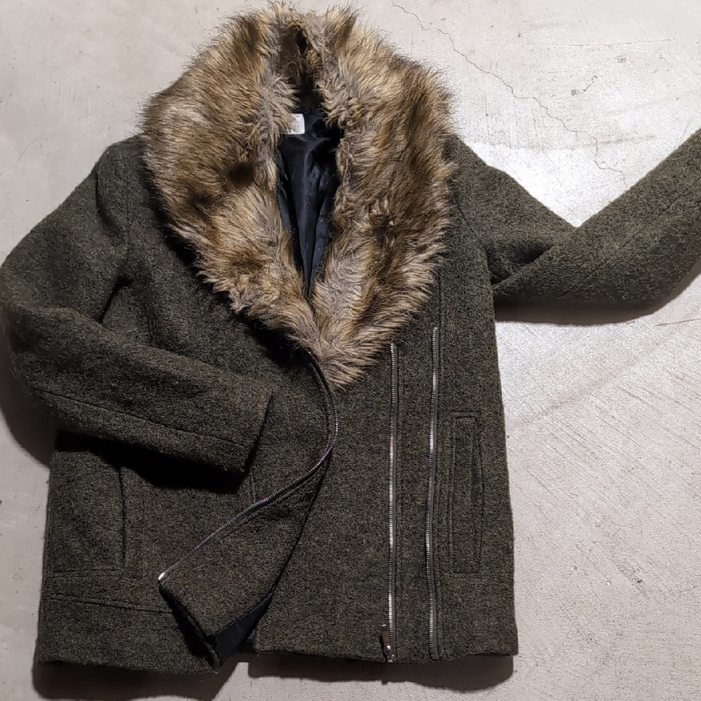 Zara Forest Green Coat with Detachable Faux Fur Trim